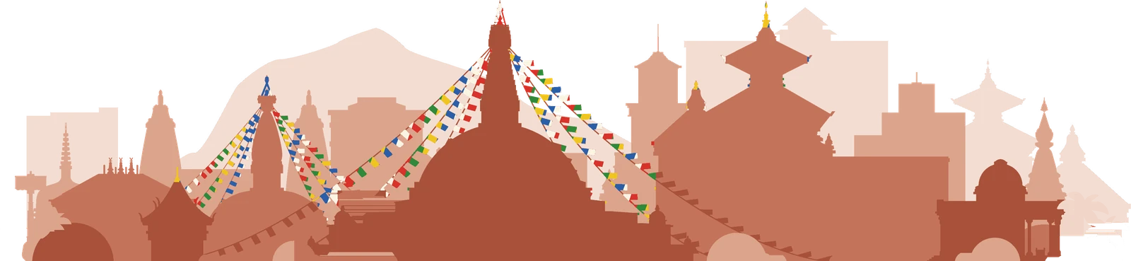 Kathmandu skyline: Boudhanath, Swayambhu, pagodas and the hills behind